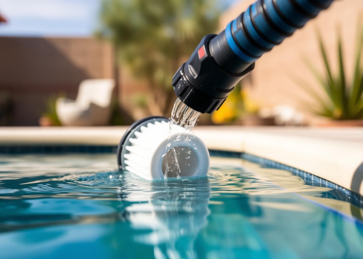 Cartridge pool filter being rinsed clean with a hose.