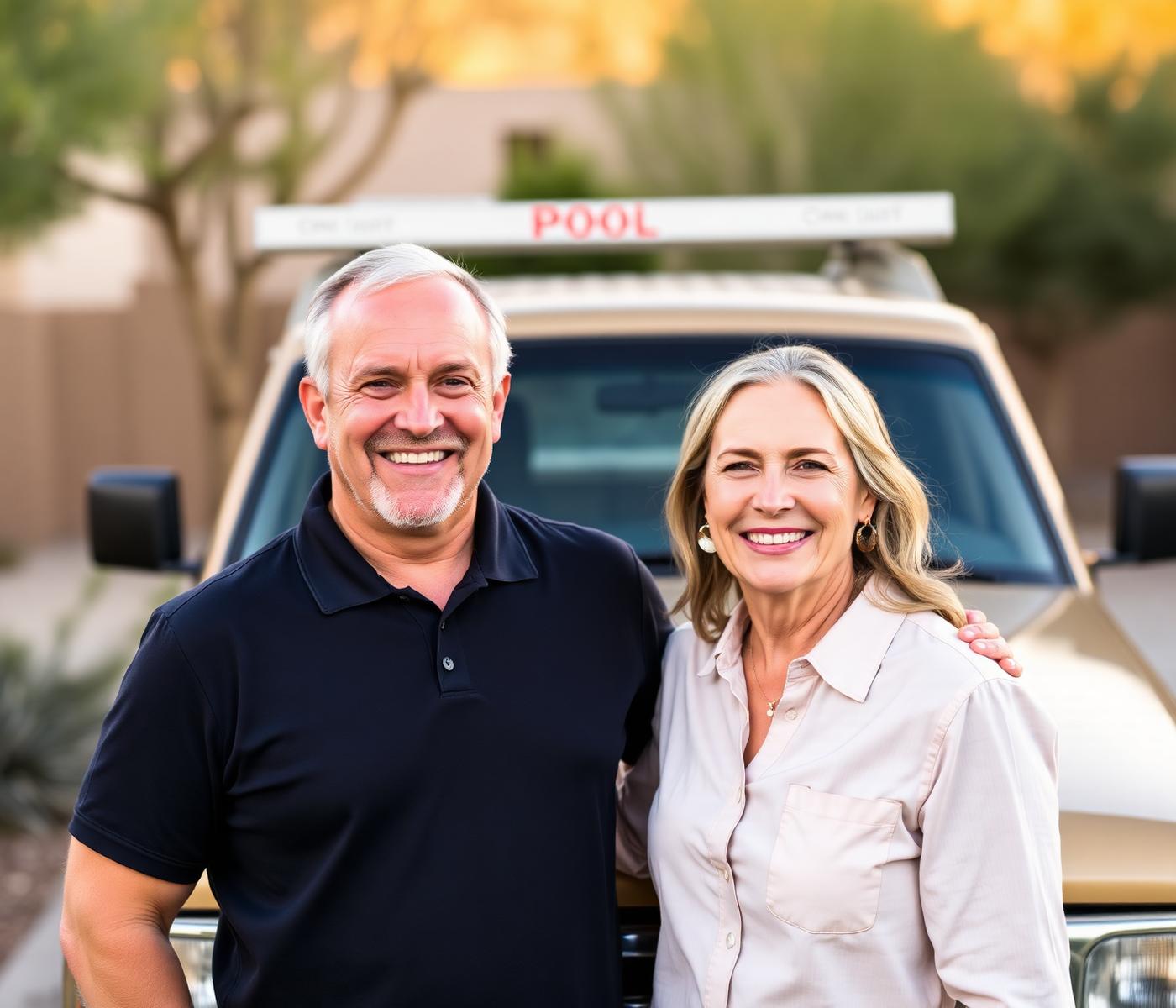 Brian and Sherry, owners of Diamond Pool Cleaning, standing in front of their service truck in an Arizona neighborhood.